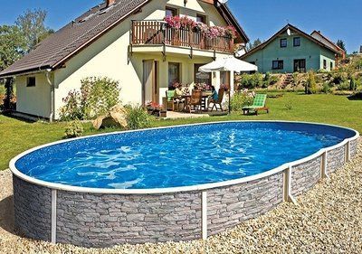 Каркасний басейн Azuro, колір Stone, овальний з плівкою Lagoon, 5.5 х 3.7 х 1.2 м 3EXB0334 3EXB0334-L-SET фото
